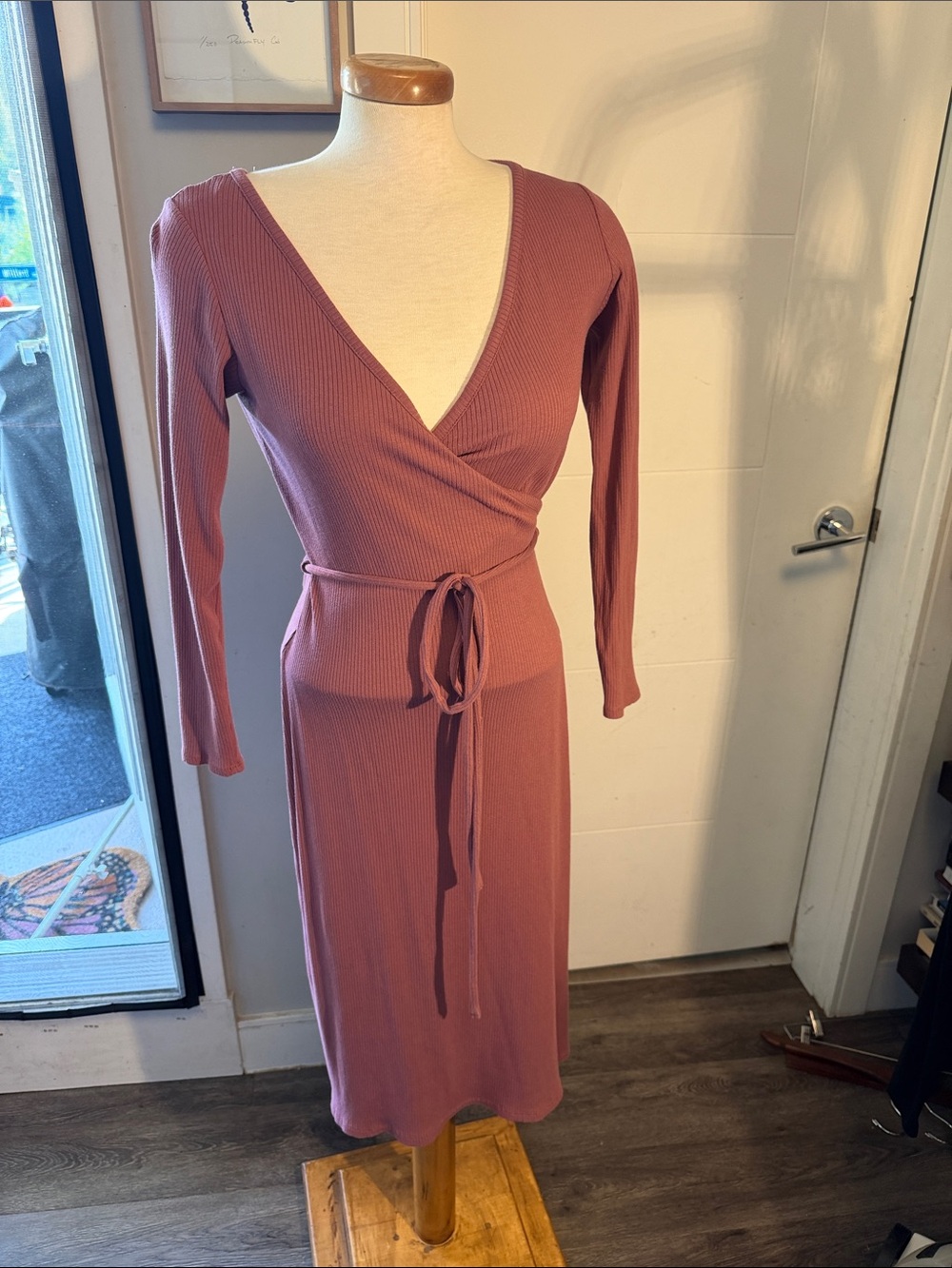 Ribbed Wrap Midi Dress in Mauve - Picture 3 of 8